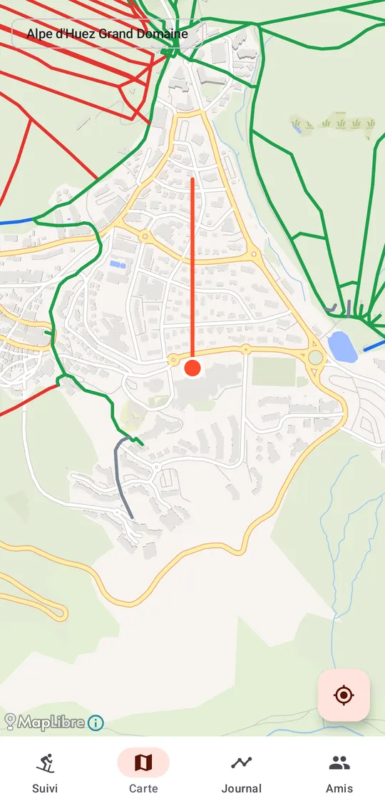 Écran Carte : plan des pistes coloré par niveau et trace de la journée